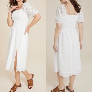 Maurices‎ NEW Women's 14W White Cottagecore Smocked Eyelet Sleeve Midi Dress